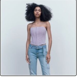 NWT ZARA lavender purple cropped bustier tweed knit corset top size Small